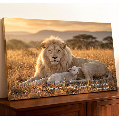 John 14:27 My Peace I Give Unto You KJV Scripture Canvas Wall Art - Lion and Lamb Sunset Decor