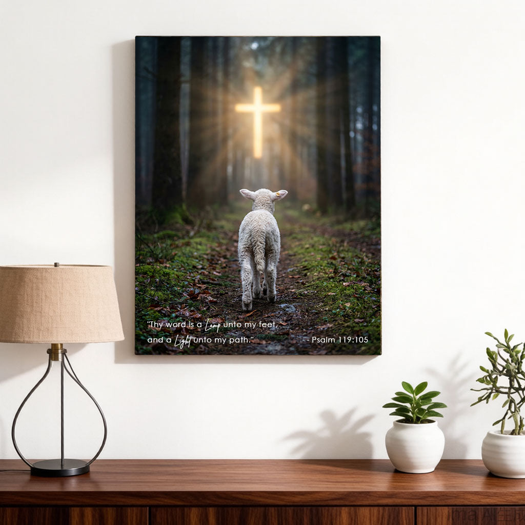 Psalm 119:105 Thy Word Is a Lamp KJV Scripture Canvas Wall Art - Lamb and Cross Forest Decor