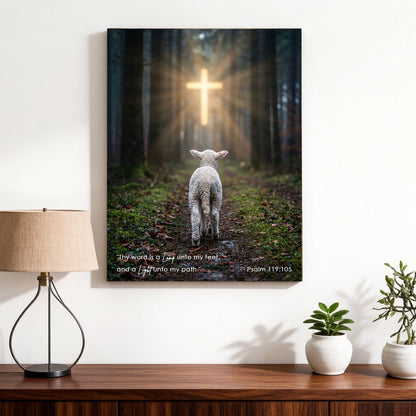 Psalm 119:105 Thy Word Is a Lamp KJV Scripture Canvas Wall Art - Lamb and Cross Forest Decor
