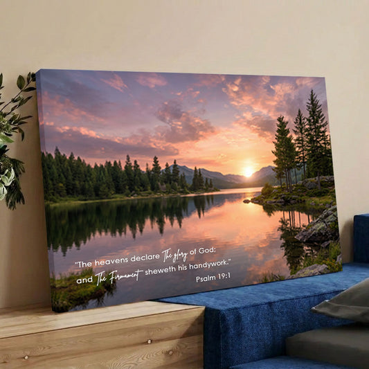 Psalm 19:1 KJV Scripture Canvas Wall Art - Sunset Lake Landscape Nature Decor