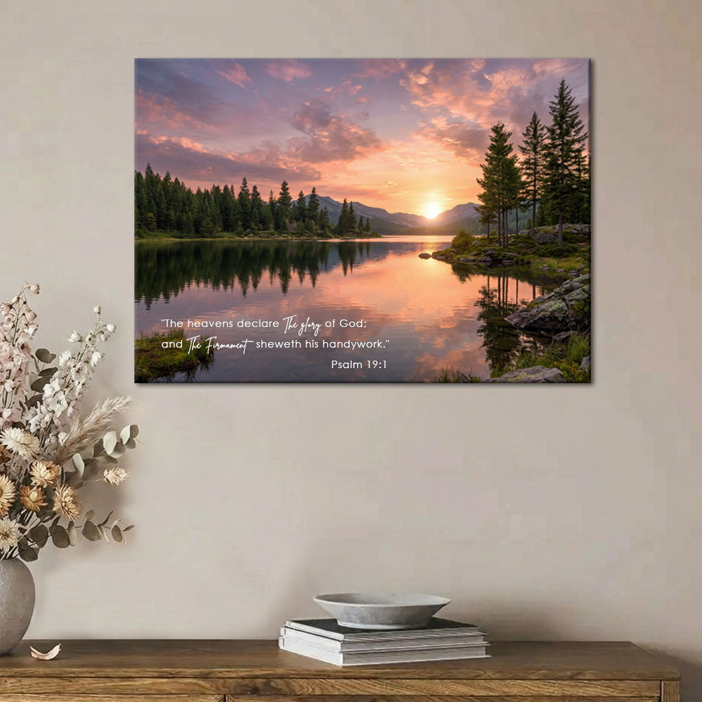 Psalm 19:1 KJV Scripture Canvas Wall Art - Sunset Lake Landscape Nature Decor
