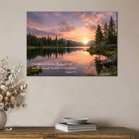 Psalm 19:1 KJV Scripture Canvas Wall Art - Sunset Lake Landscape Nature Decor