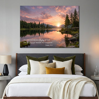 Psalm 19:1 KJV Scripture Canvas Wall Art - Sunset Lake Landscape Nature Decor