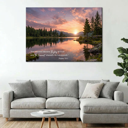 Psalm 19:1 KJV Scripture Canvas Wall Art - Sunset Lake Landscape Nature Decor