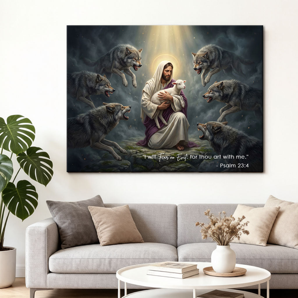 Psalm 23:4 I Will Fear No Evil KJV Scripture Canvas Wall Art - Shepherd and Wolves Decor