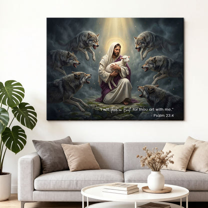 Psalm 23:4 I Will Fear No Evil KJV Scripture Canvas Wall Art - Shepherd and Wolves Decor