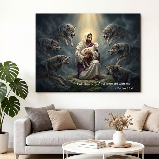 Psalm 23:4 I Will Fear No Evil KJV Scripture Canvas Wall Art - Shepherd and Wolves Decor