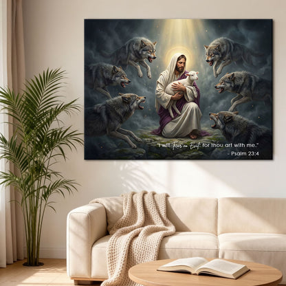 Psalm 23:4 I Will Fear No Evil KJV Scripture Canvas Wall Art - Shepherd and Wolves Decor