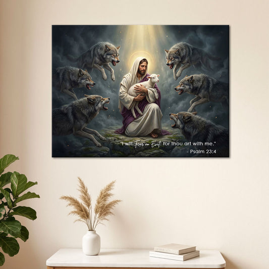 Psalm 23:4 I Will Fear No Evil KJV Scripture Canvas Wall Art - Shepherd and Wolves Decor