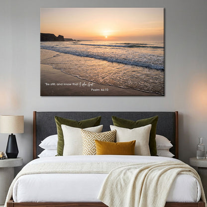 Psalm 46:10 Be Still and Know KJV Scripture Canvas Wall Art - Ocean Beach Sunset Decor
