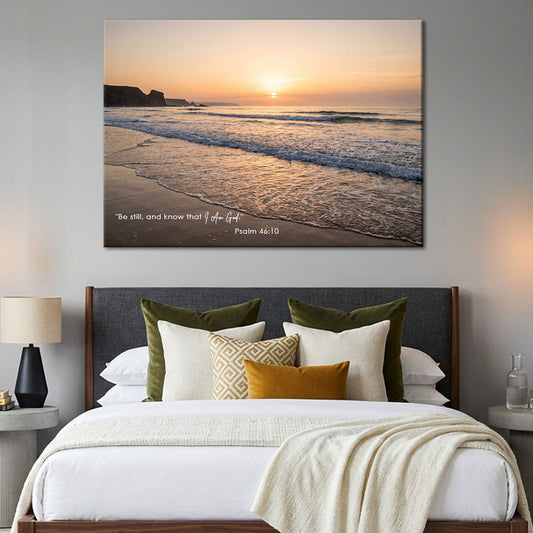 Psalm 46:10 Be Still and Know KJV Scripture Canvas Wall Art - Ocean Beach Sunset Decor