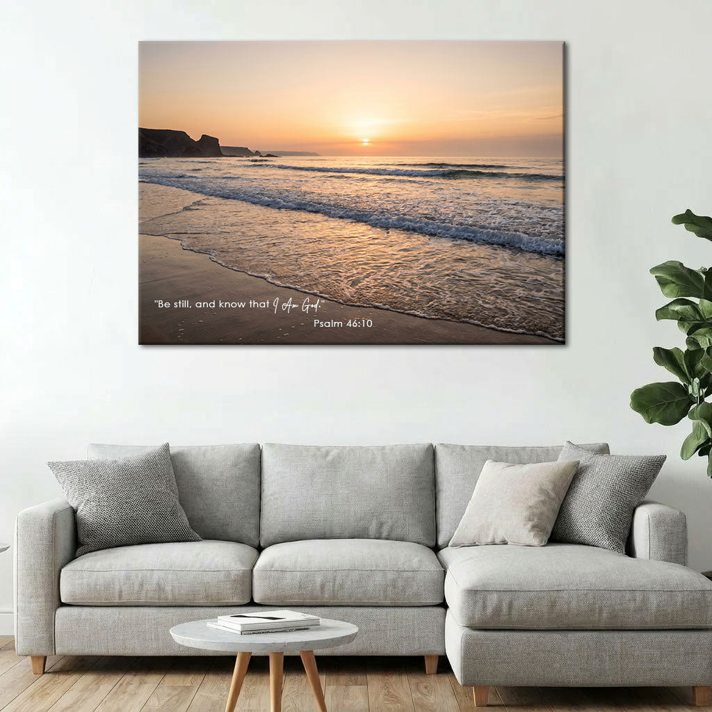 Psalm 46:10 Be Still and Know KJV Scripture Canvas Wall Art - Ocean Beach Sunset Decor