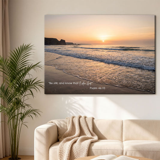 Psalm 46:10 Be Still and Know KJV Scripture Canvas Wall Art - Ocean Beach Sunset Decor