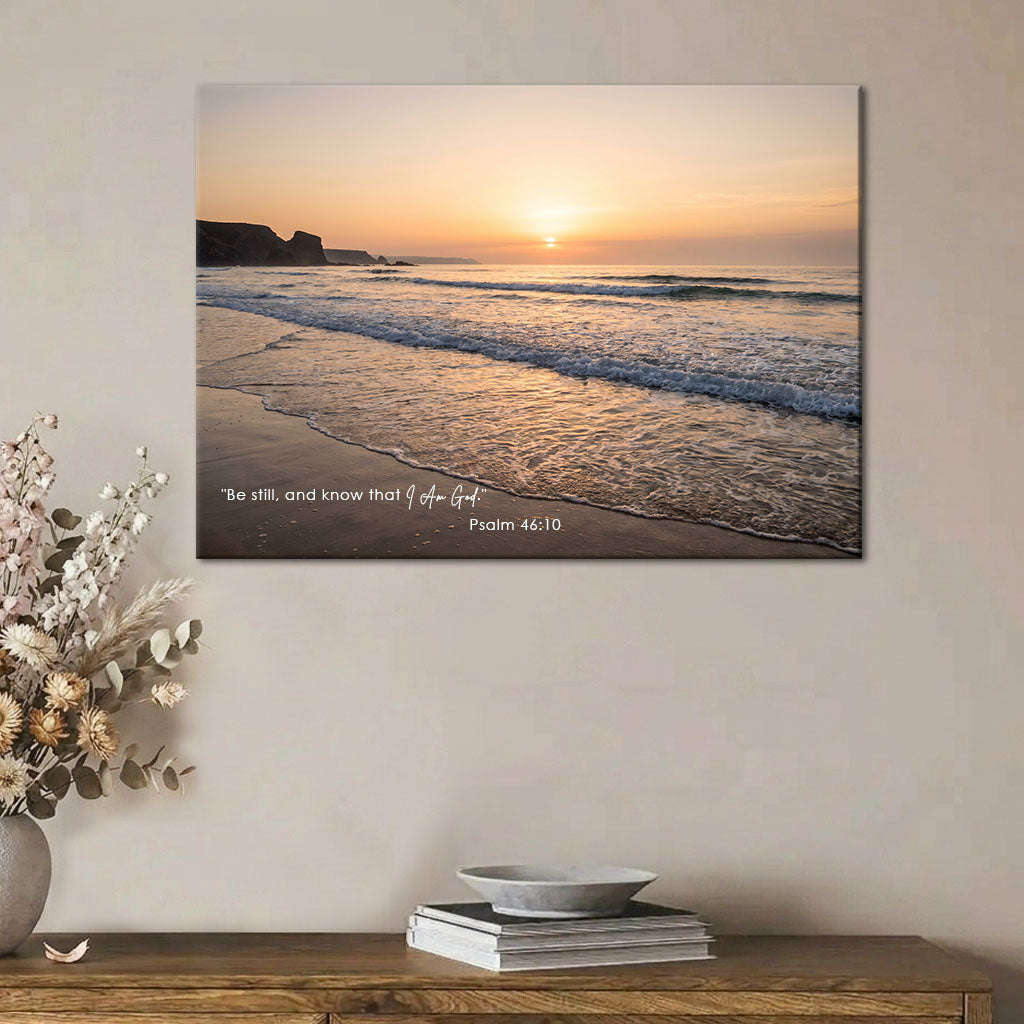 Psalm 46:10 Be Still and Know KJV Scripture Canvas Wall Art - Ocean Beach Sunset Decor