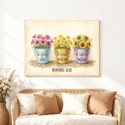 Romans 12:12 Be Joyful in Hope KJV Scripture Canvas Wall Art - Floral Bucket Decor