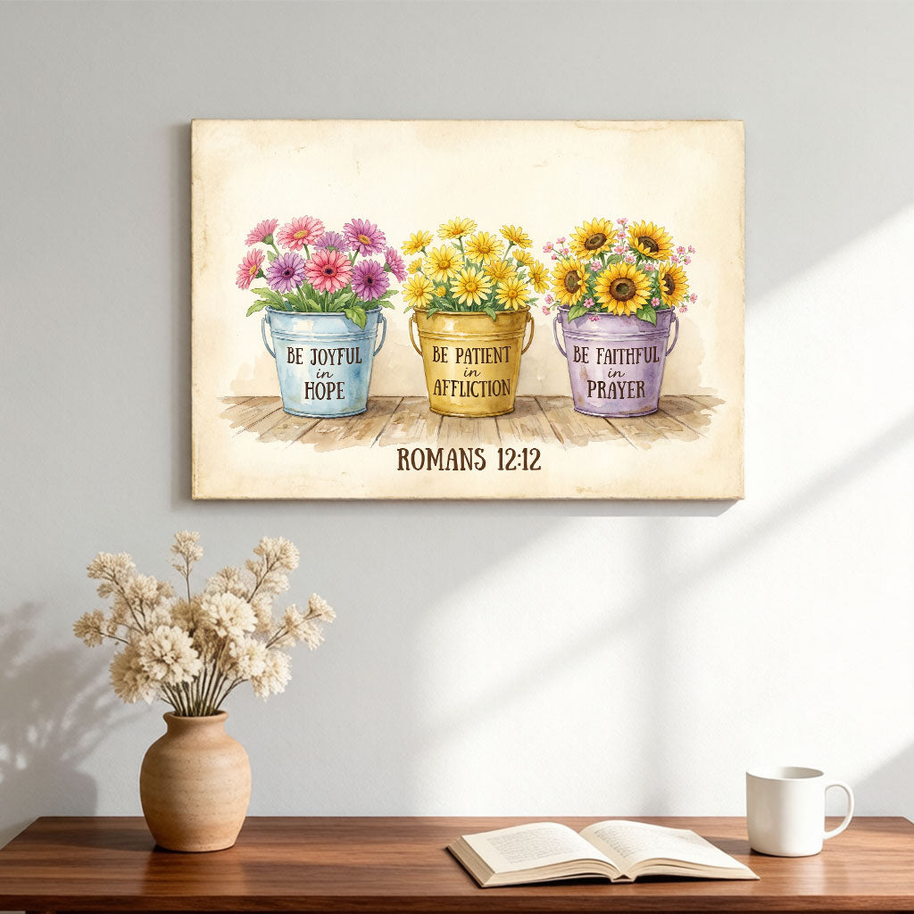 Romans 12:12 Be Joyful in Hope KJV Scripture Canvas Wall Art - Floral Bucket Decor
