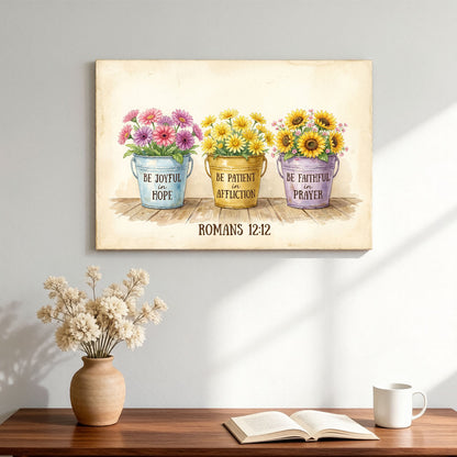 Romans 12:12 Be Joyful in Hope KJV Scripture Canvas Wall Art - Floral Bucket Decor