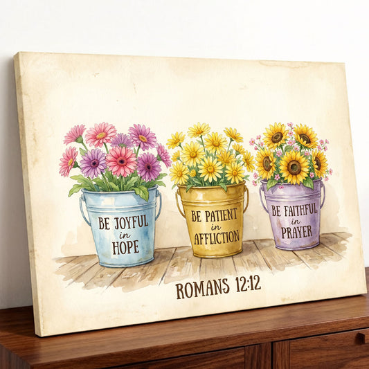 Romans 12:12 Be Joyful in Hope KJV Scripture Canvas Wall Art - Floral Bucket Decor