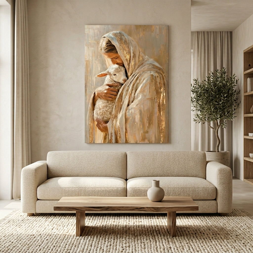 Safe in His Arms Shepherd & Lamb Golden Embrace Portrait Canvas