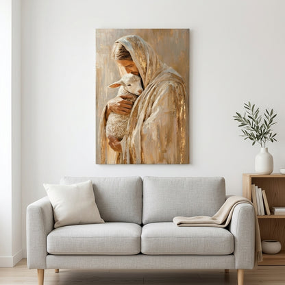 Safe in His Arms Shepherd & Lamb Golden Embrace Portrait Canvas