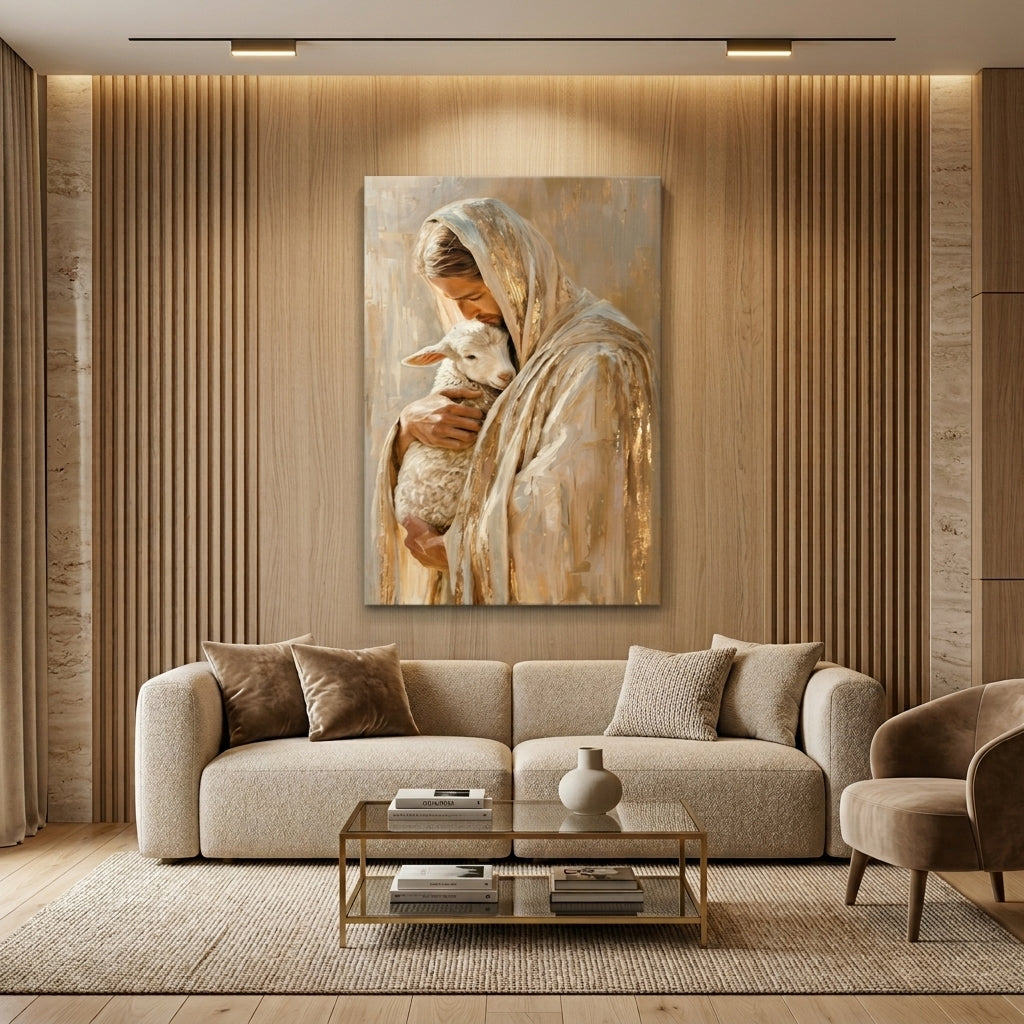 Safe in His Arms Shepherd & Lamb Golden Embrace Portrait Canvas