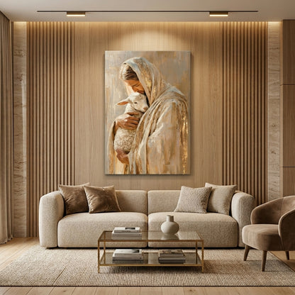 Safe in His Arms Shepherd & Lamb Golden Embrace Portrait Canvas