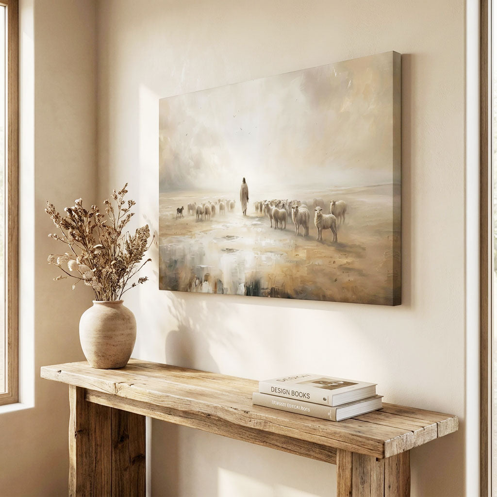 "The Good Shepherd" - Jesus Leading the Flock | Ethereal Landscape Canvas Art