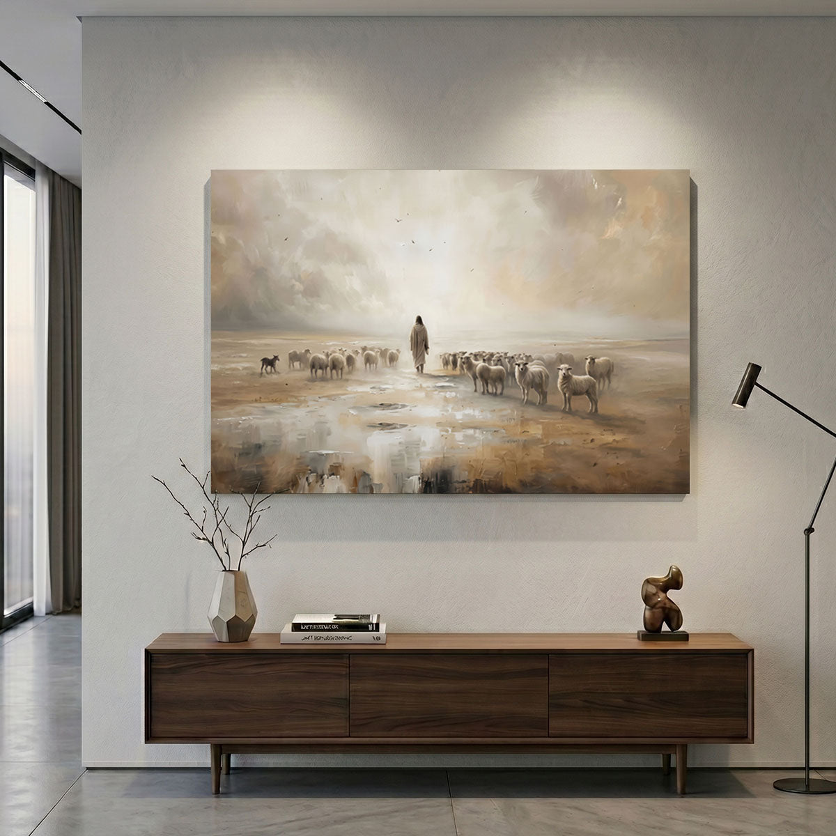 "The Good Shepherd" - Jesus Leading the Flock | Ethereal Landscape Canvas Art