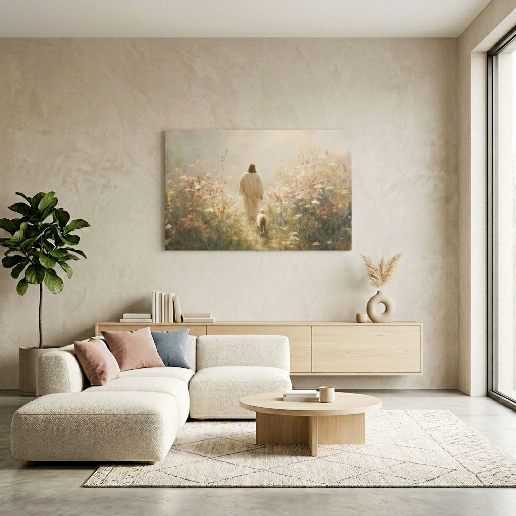 "The Good Shepherd" - Jesus & Lamb in Wildflower Meadow Canvas Wall Art