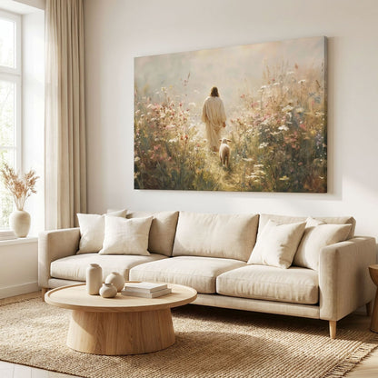 "The Good Shepherd" - Jesus & Lamb in Wildflower Meadow Canvas Wall Art