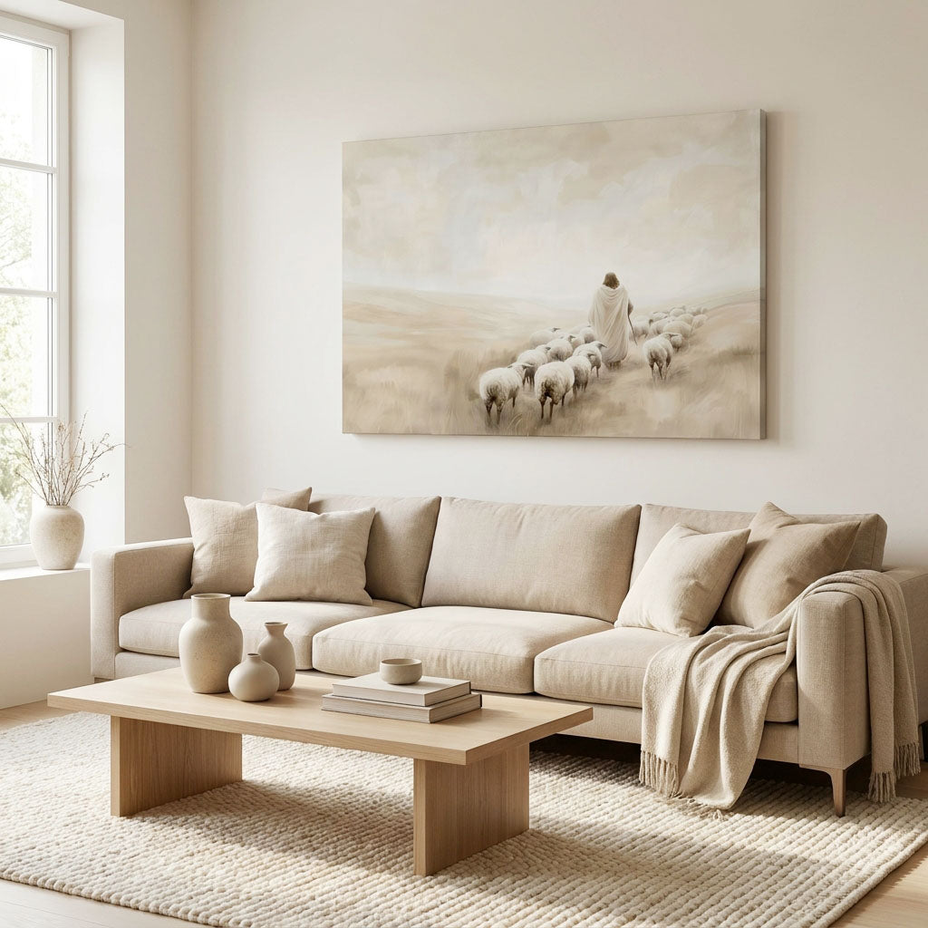 "The Walk of Faith" | Jesus Leading the Flock Minimalist Neutral Landscape Canvas