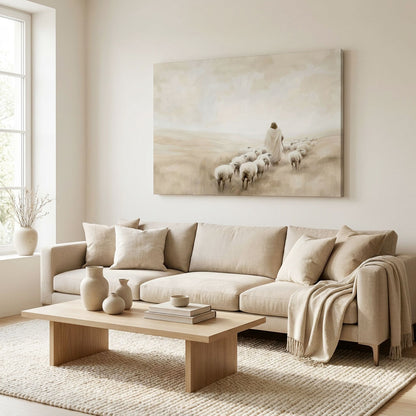 "The Walk of Faith" | Jesus Leading the Flock Minimalist Neutral Landscape Canvas