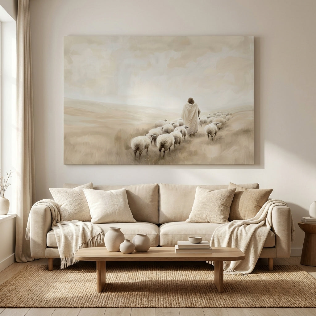 "The Walk of Faith" | Jesus Leading the Flock Minimalist Neutral Landscape Canvas