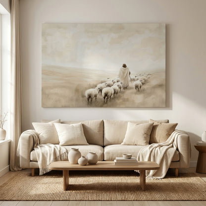 "The Walk of Faith" | Jesus Leading the Flock Minimalist Neutral Landscape Canvas