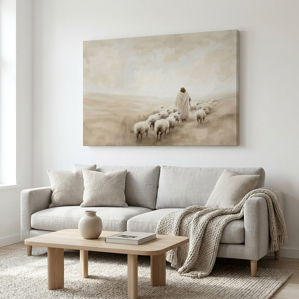 "The Walk of Faith" | Jesus Leading the Flock Minimalist Neutral Landscape Canvas