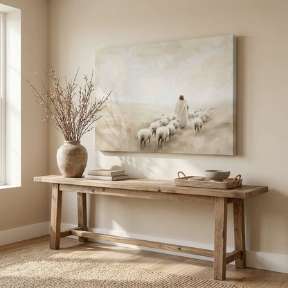 "The Walk of Faith" | Jesus Leading the Flock Minimalist Neutral Landscape Canvas