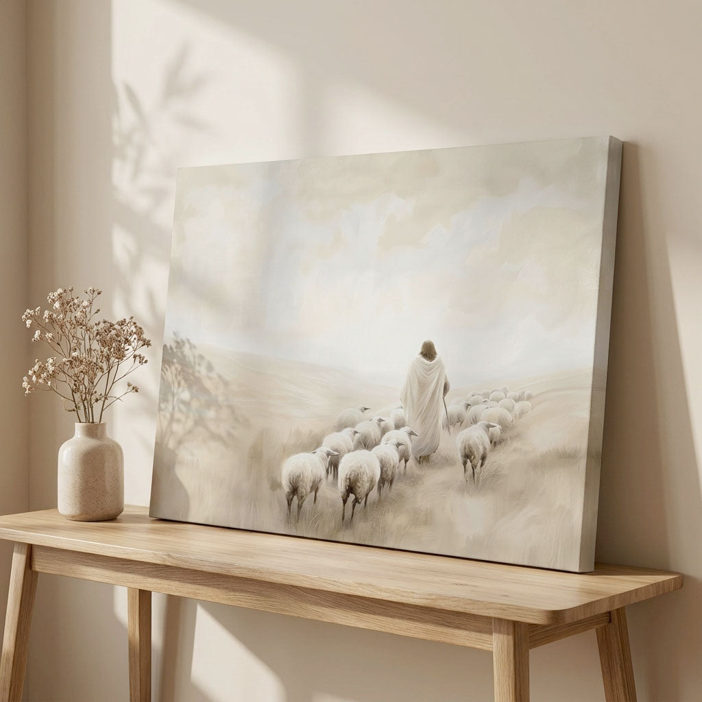 "The Walk of Faith" | Jesus Leading the Flock Minimalist Neutral Landscape Canvas