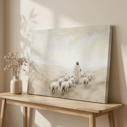 "The Walk of Faith" | Jesus Leading the Flock Minimalist Neutral Landscape Canvas