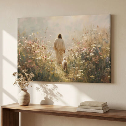 "The Good Shepherd" - Jesus & Lamb in Wildflower Meadow Canvas Wall Art