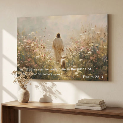 "The Good Shepherd" - Jesus & Lamb in Wildflower Meadow Canvas Wall Art