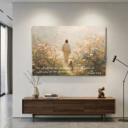 "The Good Shepherd" - Jesus & Lamb in Wildflower Meadow Canvas Wall Art