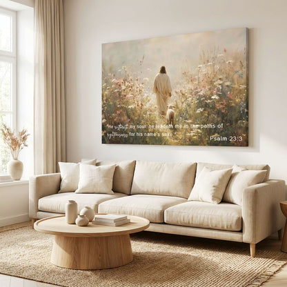 "The Good Shepherd" - Jesus & Lamb in Wildflower Meadow Canvas Wall Art