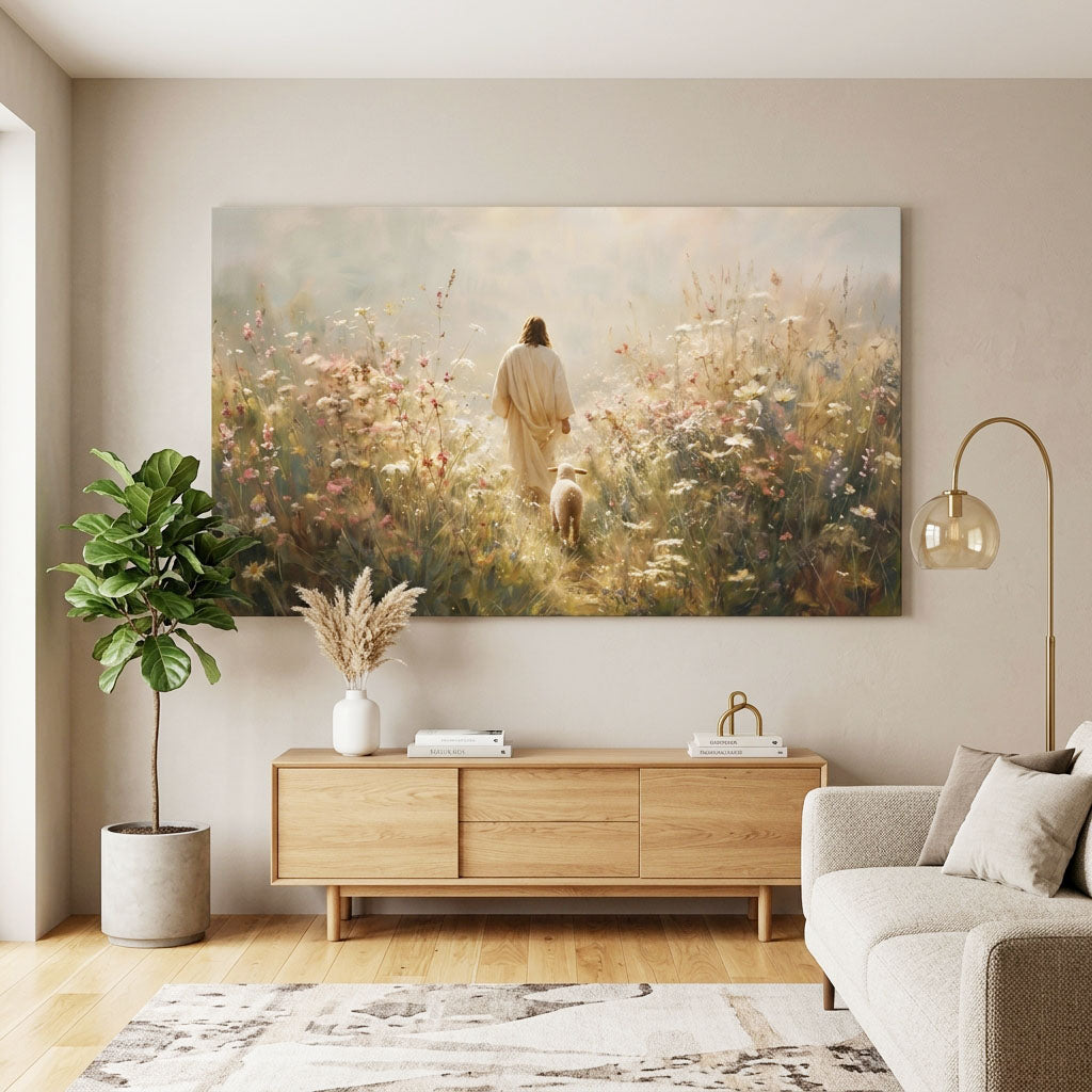 "The Good Shepherd" - Jesus & Lamb in Wildflower Meadow Canvas Wall Art