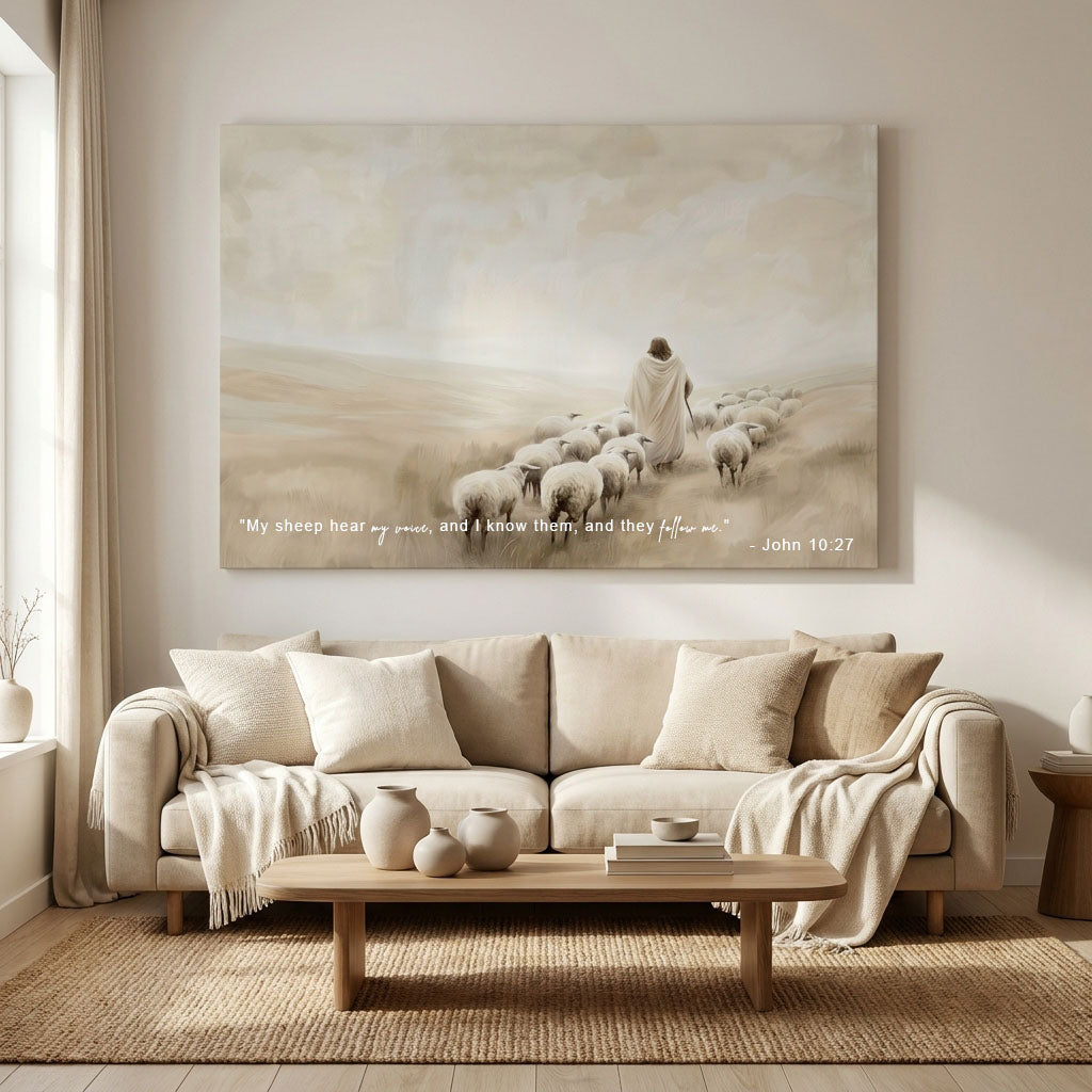 "The Walk of Faith" | Jesus Leading the Flock Minimalist Neutral Landscape Canvas