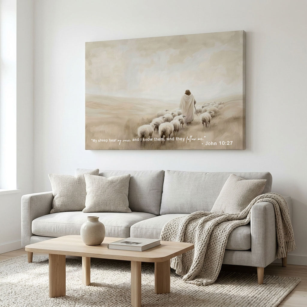 "The Walk of Faith" | Jesus Leading the Flock Minimalist Neutral Landscape Canvas